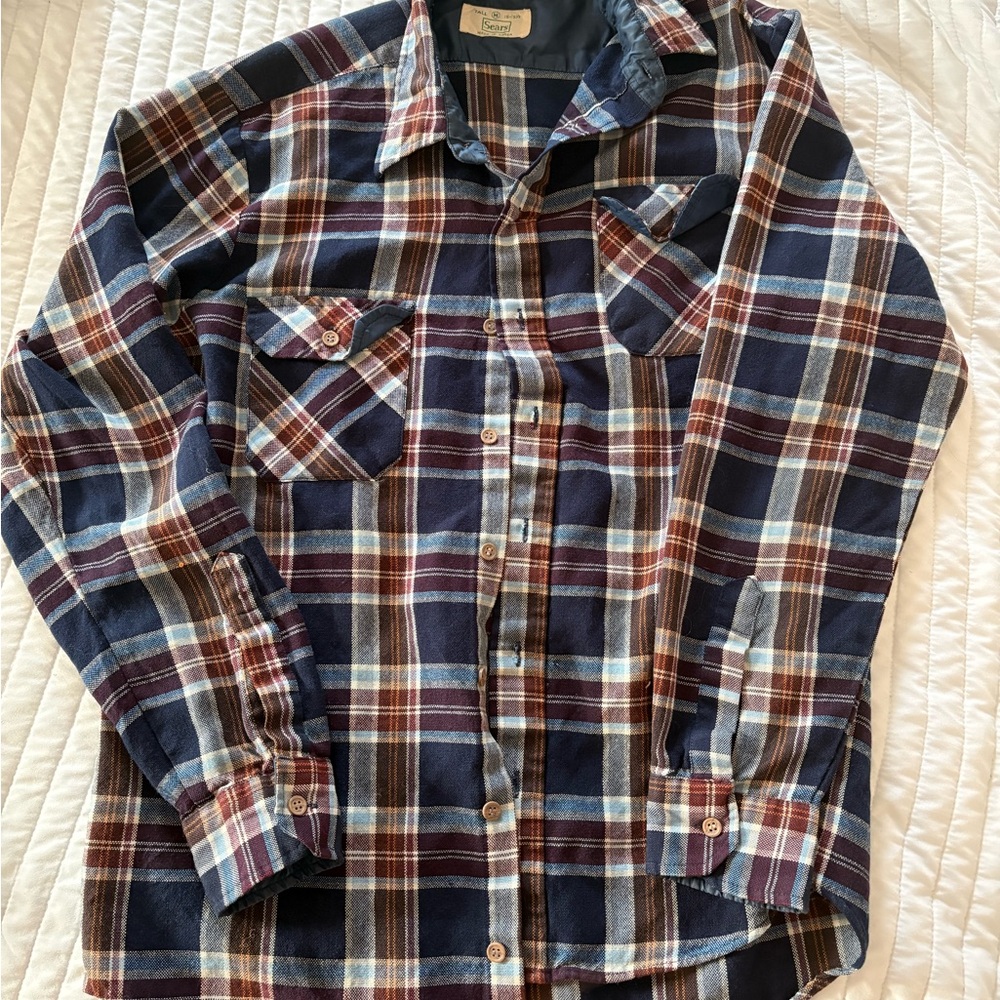Vintage Sears Quilt Lined Flannel Shirt Jacket Perma-Prest USA Made M 15-15 1/2